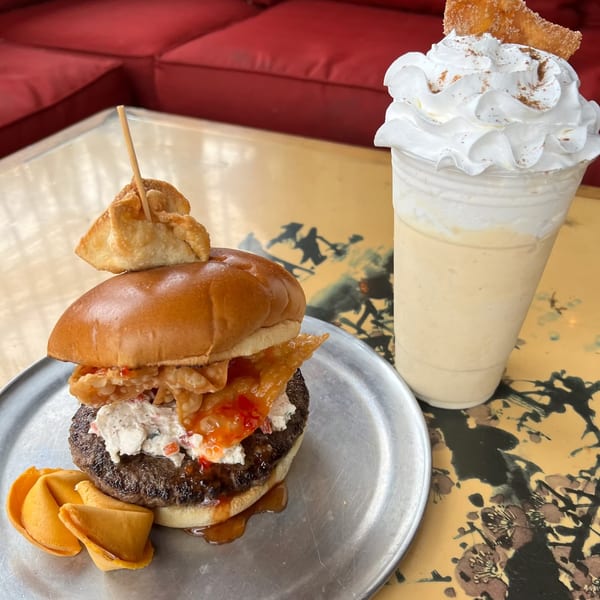 Lindy's on 4th burger with cream cheese, sweet chili, wontons, fortune cookies, and a milkshake.