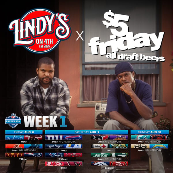 Lindy's on 4th ad with two men, NFL preseason schedule, and "$5 Friday all draft beers" promotion.