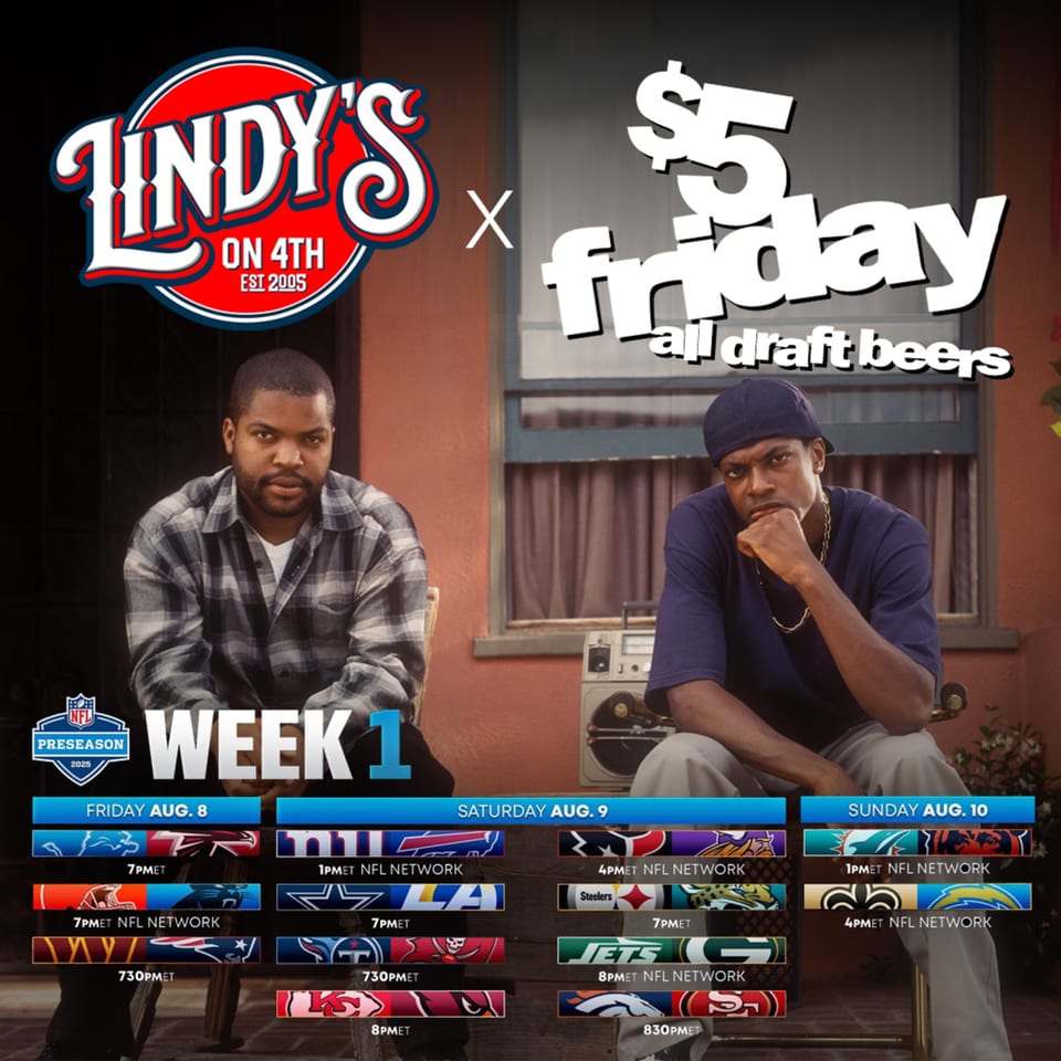 Lindy's on 4th ad with two men, NFL preseason schedule, and "$5 Friday all draft beers" promotion.